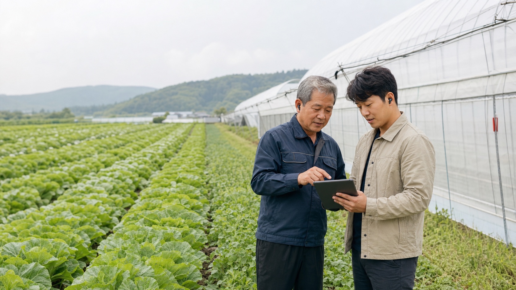 A farmer inspecting crops in the field