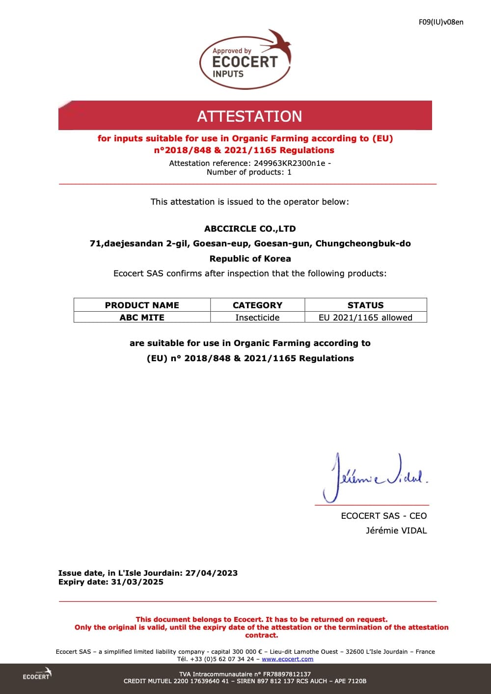 ECOCERT certification for inputs usable in European Union organic agriculture