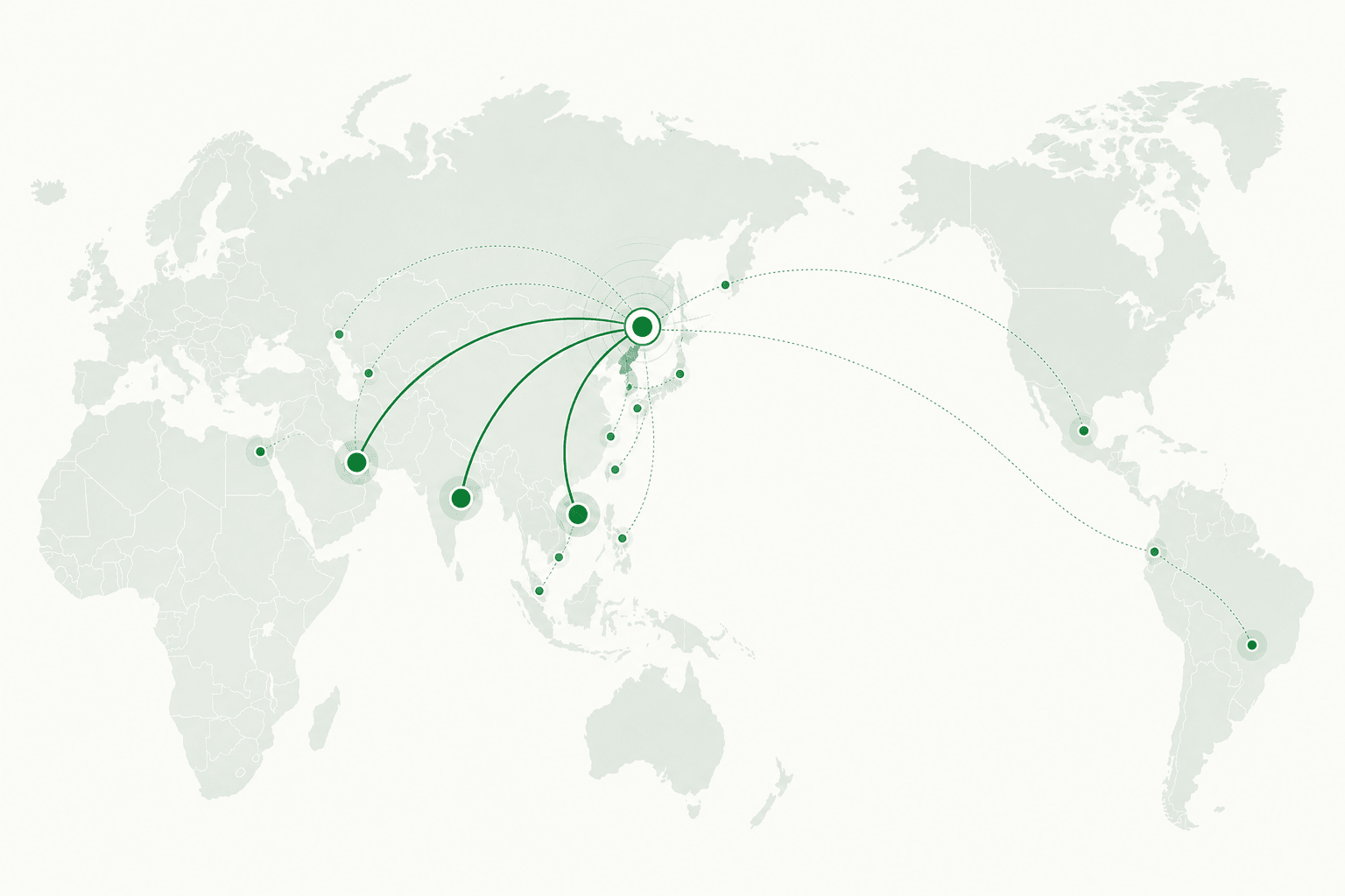 Map of ABC Circle's global network connecting Korea, the UAE, India, and Cambodia