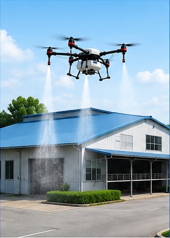 A drone carrying out disinfection around a facility