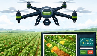 Drone-based screening represented by a drone and farmland monitoring display
