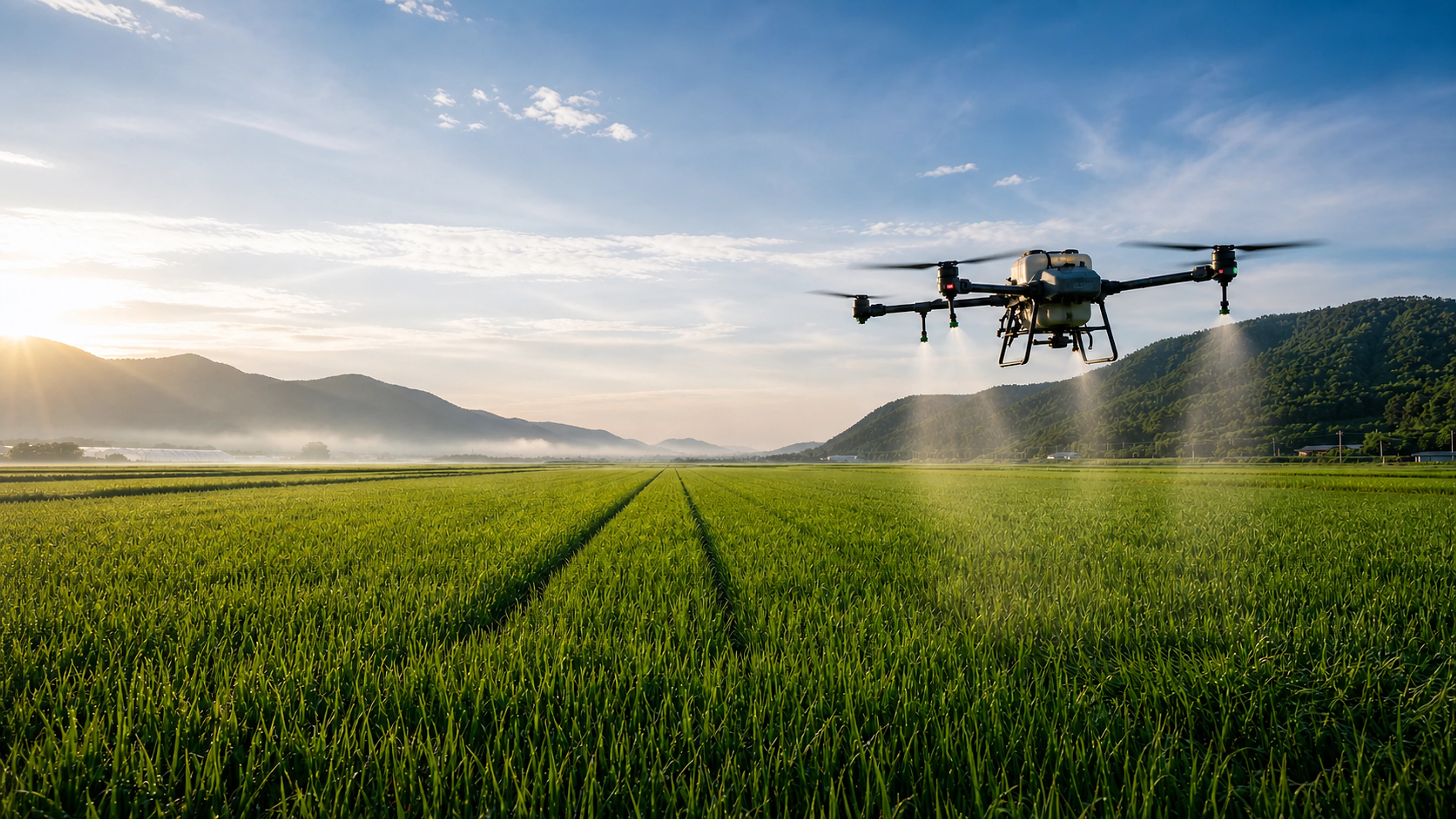 A drone spraying over farmland
