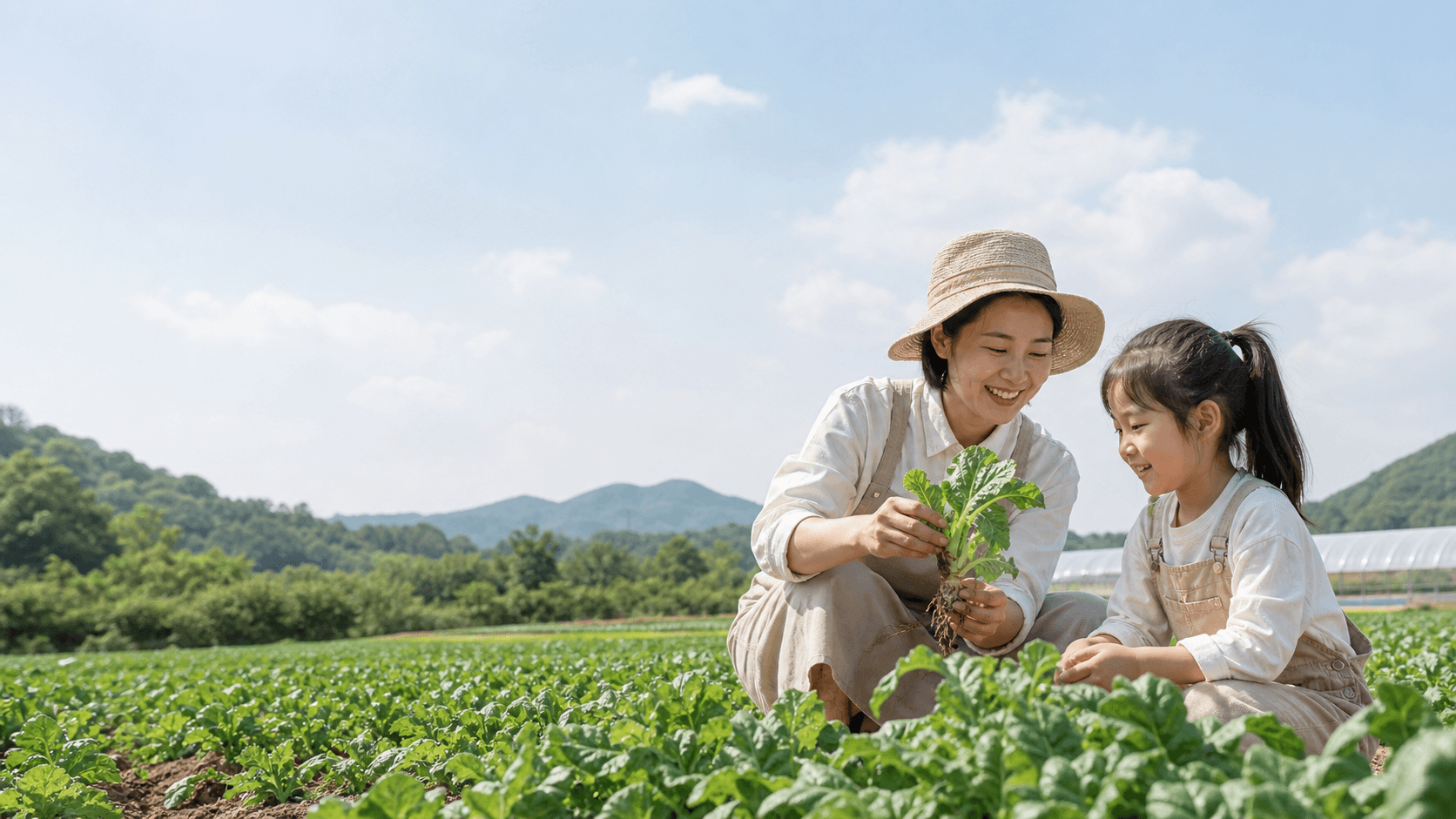 A farmer and child inspecting crops together on a clear morning