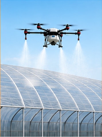 A drone applying a shading agent to a greenhouse roof